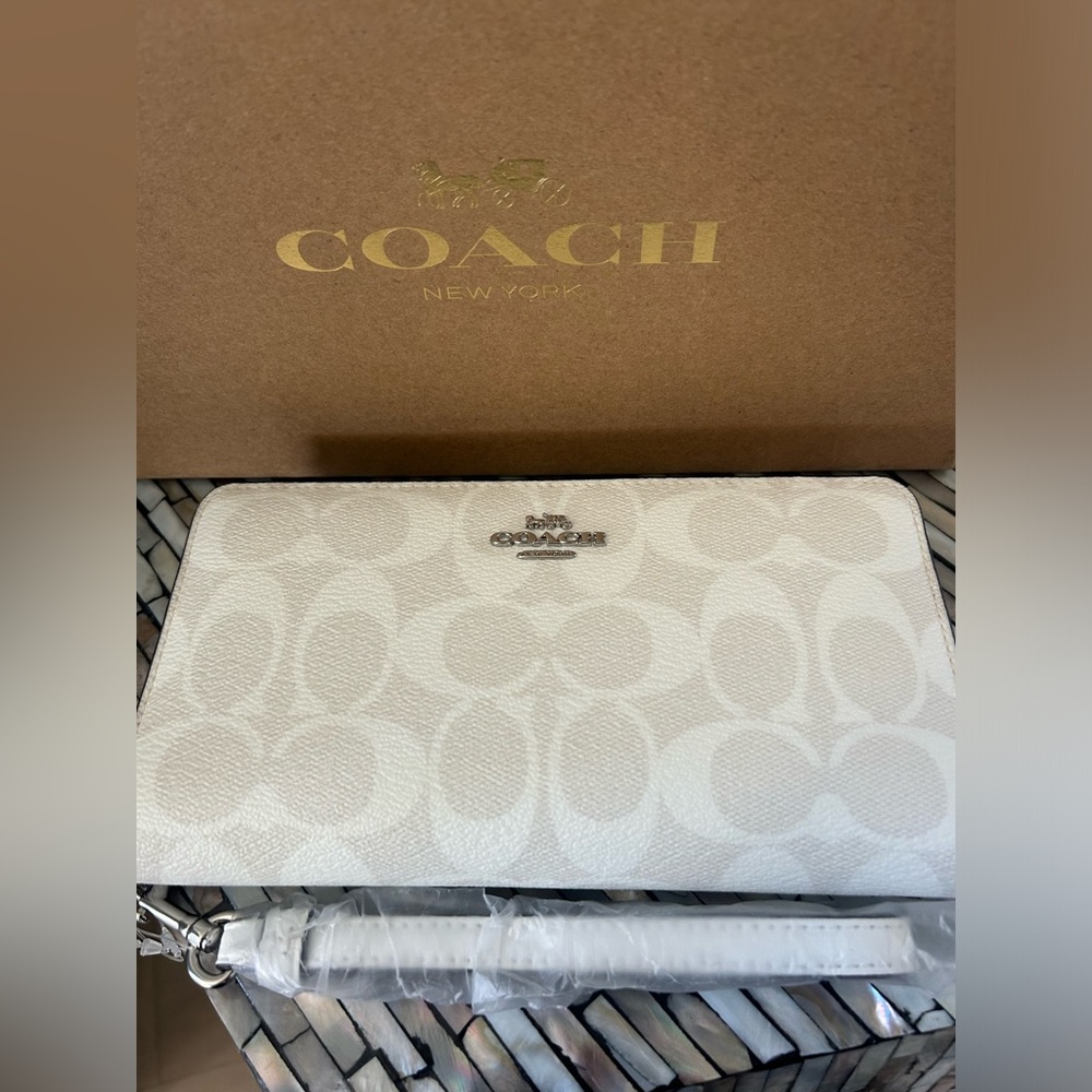 Coach cream white monogram leather long zipper Wallet
